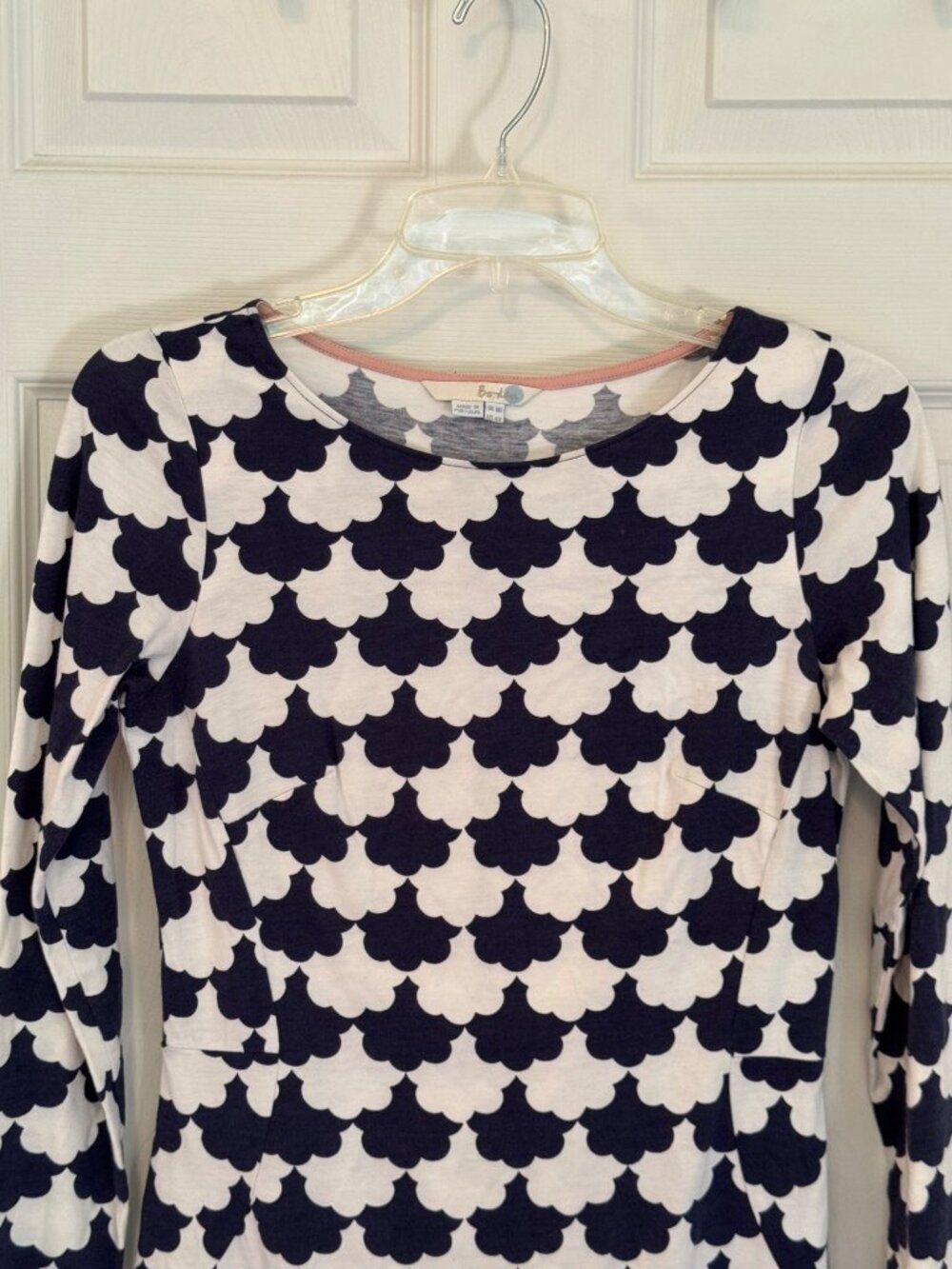 Boden Blue White Scallop Jersey Knit Tunic Dress Long Sleeve Sheath Mini US 4R - Picture 4 of 10
